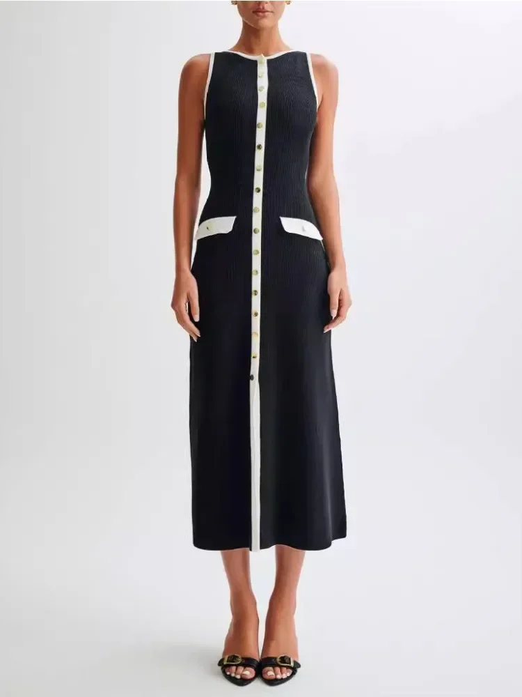 Elegant Knit Ribbed Long Dress For Women Slim Fashion Sleeveless Patchwork High Waist Pocket Dress Women's Maxi Dress
