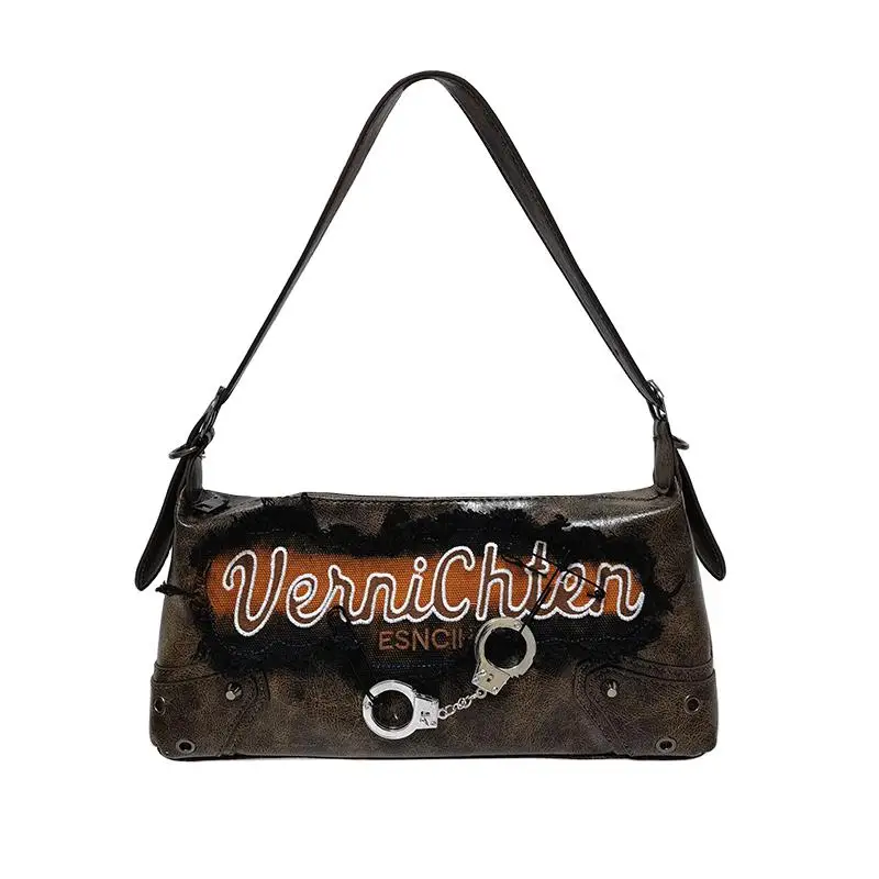 thumbnail image 1 of Bolso de hombro con estampado de letras bordadas con remaches europeos y americanos, bolso cruzado de estilo motociclista personalizado para mujer, 1 of 5