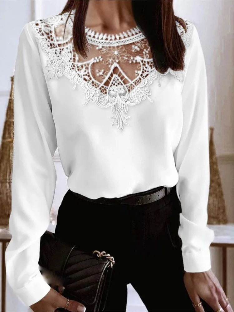 

Sexy Hollow Perspective Women Blouse Spring Autumn Lace Patchwork Long Sleeve Casual Solid Round Neck Daily Tee Top Y2K Clothes