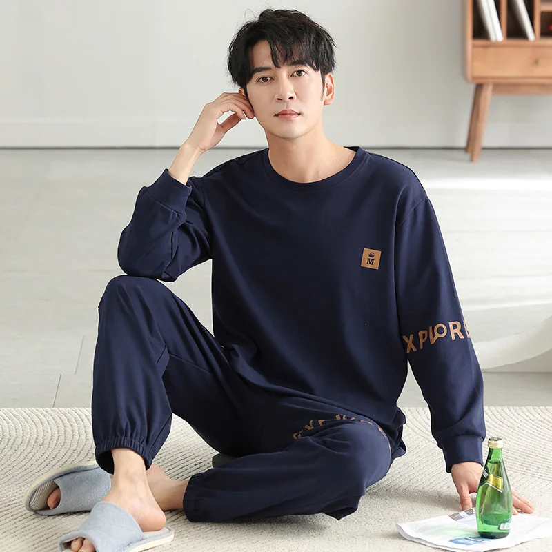 Men Autumn Winter 100% Pure Cotton Pullover Pajamas Suit Sleepwear Male Spring Plus Size Loungewear Set Gentlemen pajama sets