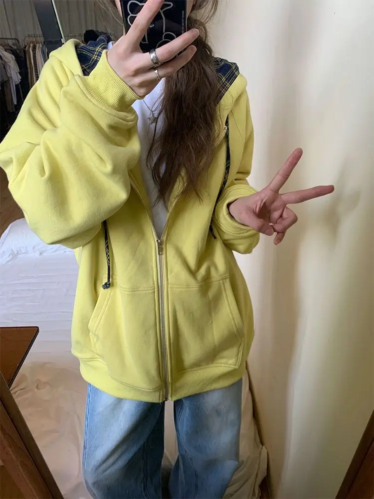 

Deeptown Y2K Preppy Style Yellow Zip Up Hoodies Women Harajuku Vintage Plaid Oversized Sweatshirt Korean Casual Tops Kpop Jacket