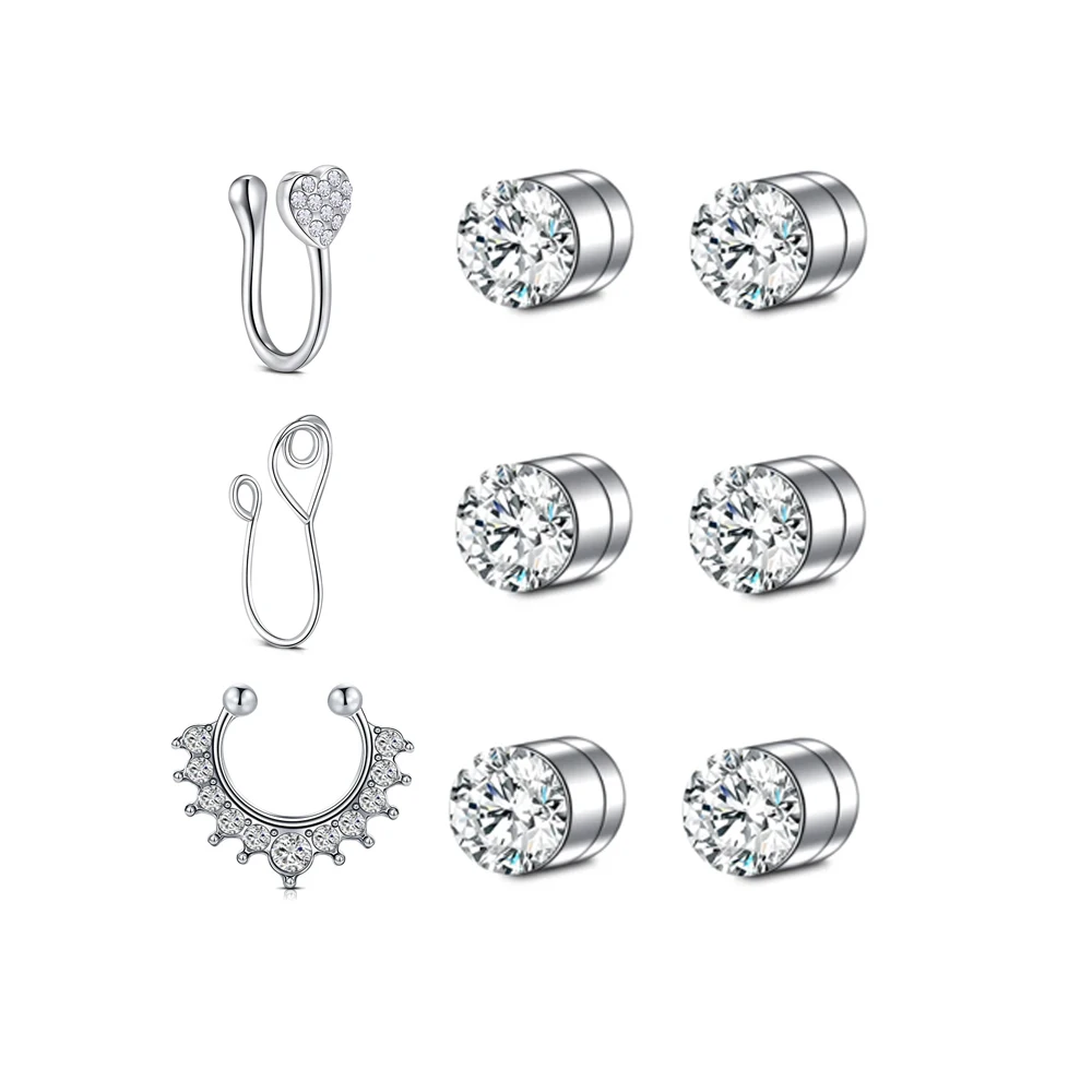 16Pcs/Set Fake Nose Ring Hoop Septum Rings Stainless Steel Lip Ring Earring Faux Piercing Jewelry Non-Pierced Nose Magnetic Stud