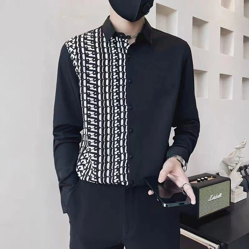 Spring Autumn Polo-neck Patchwork Long Sleeve Blouse Male Loose Casual Harajuku Y2K Shirt Hombre Fashion All-match Cardigan Top