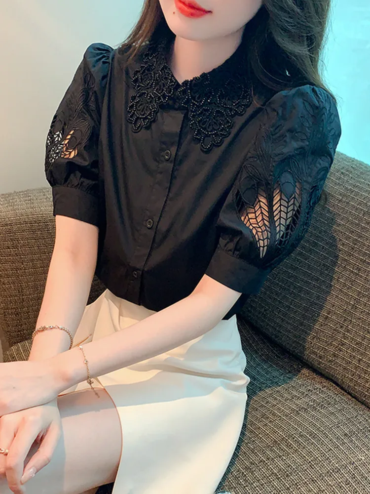 SMTHMA 여성용 퍼프 반팔 비즈 턴다운 칼라 셔츠, 한국 루즈 슬림 자수 할로우 코튼 셔츠, 2024 여름 신상 