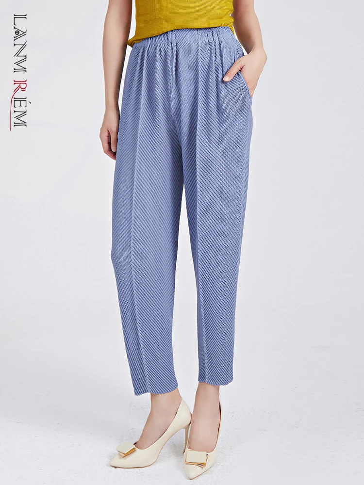 

LANMREM Designer Pleated Pants For Women High Waist Solid Straight Trousers Thin Fashion Trousers Female Clothing 2023 2YA3024