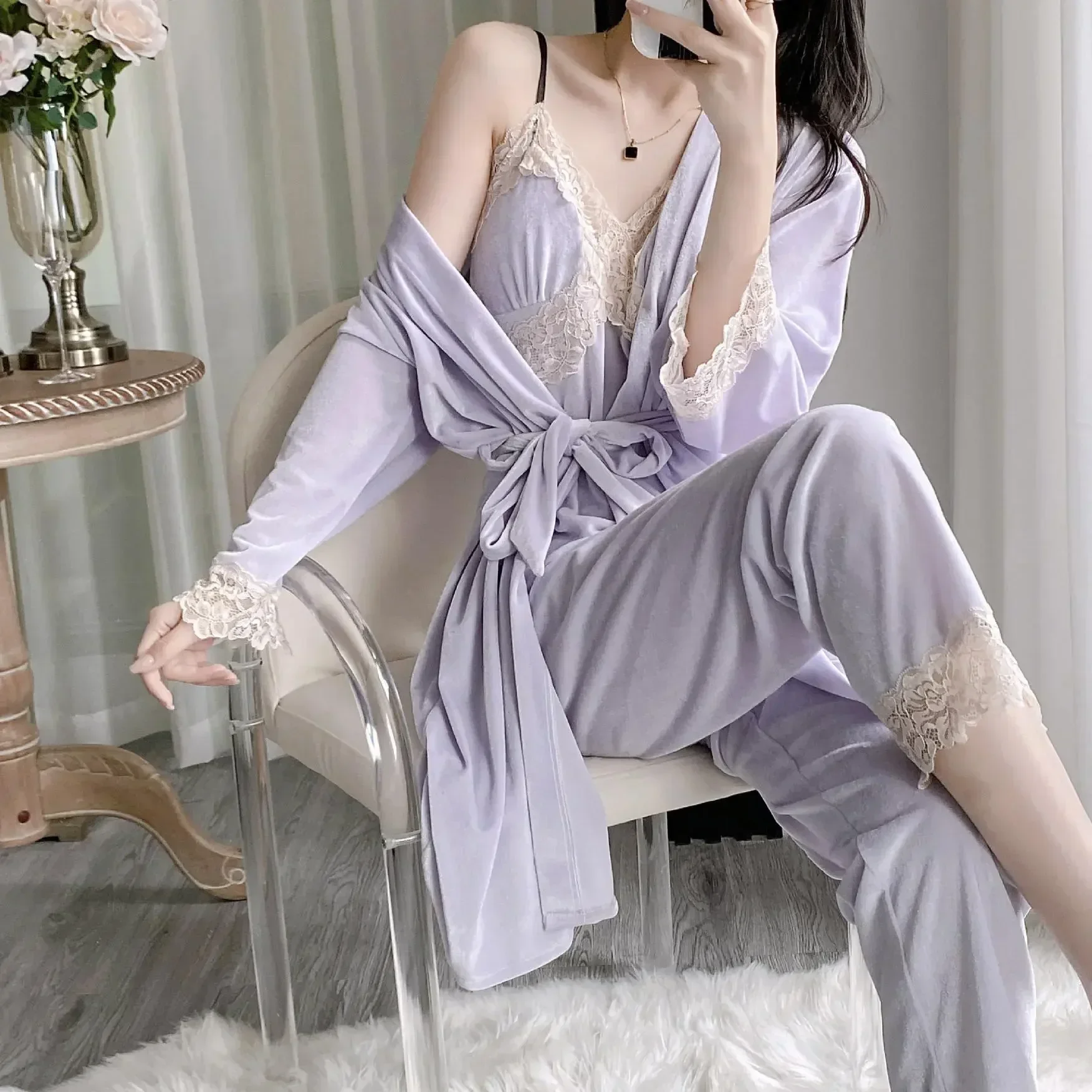 

Nightwear Pajamas Velvet Women 3Pcs Velour Clothes White Spring Strap&pants&bathrobe Home Set Loungewear Pyjamas Sleepwear Lace