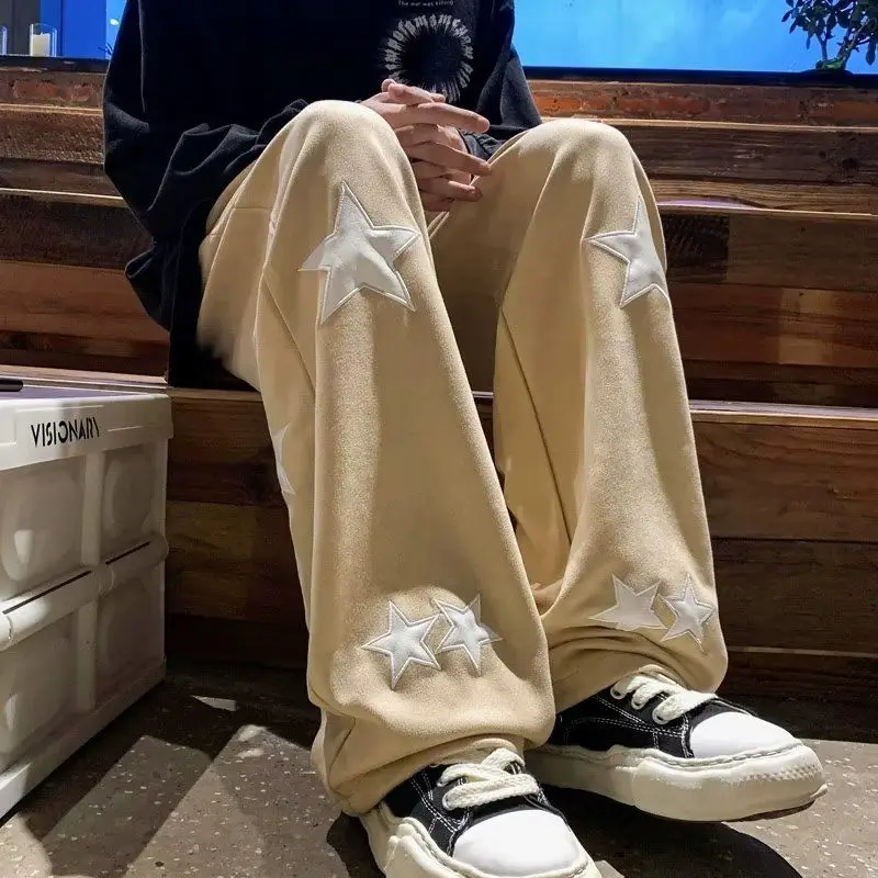 Spring Autumn Printing Wide Leg Trousers Man High Street Casual Loose Pockets Patchwork Drawstring Korean Style Straight Pants