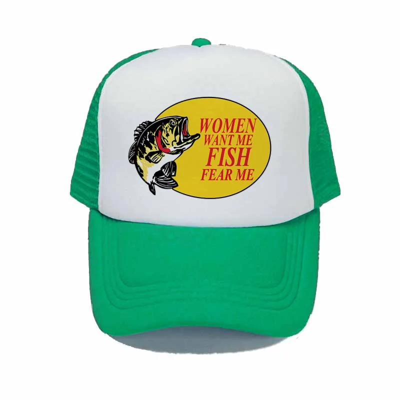 Women Fear Me Fish Fear Me - Tall Oversized Fishing Trucker Hat - Green  Mesh Snapback Elevated Silo Vintage Baseball Cap Funny KS Ballcap