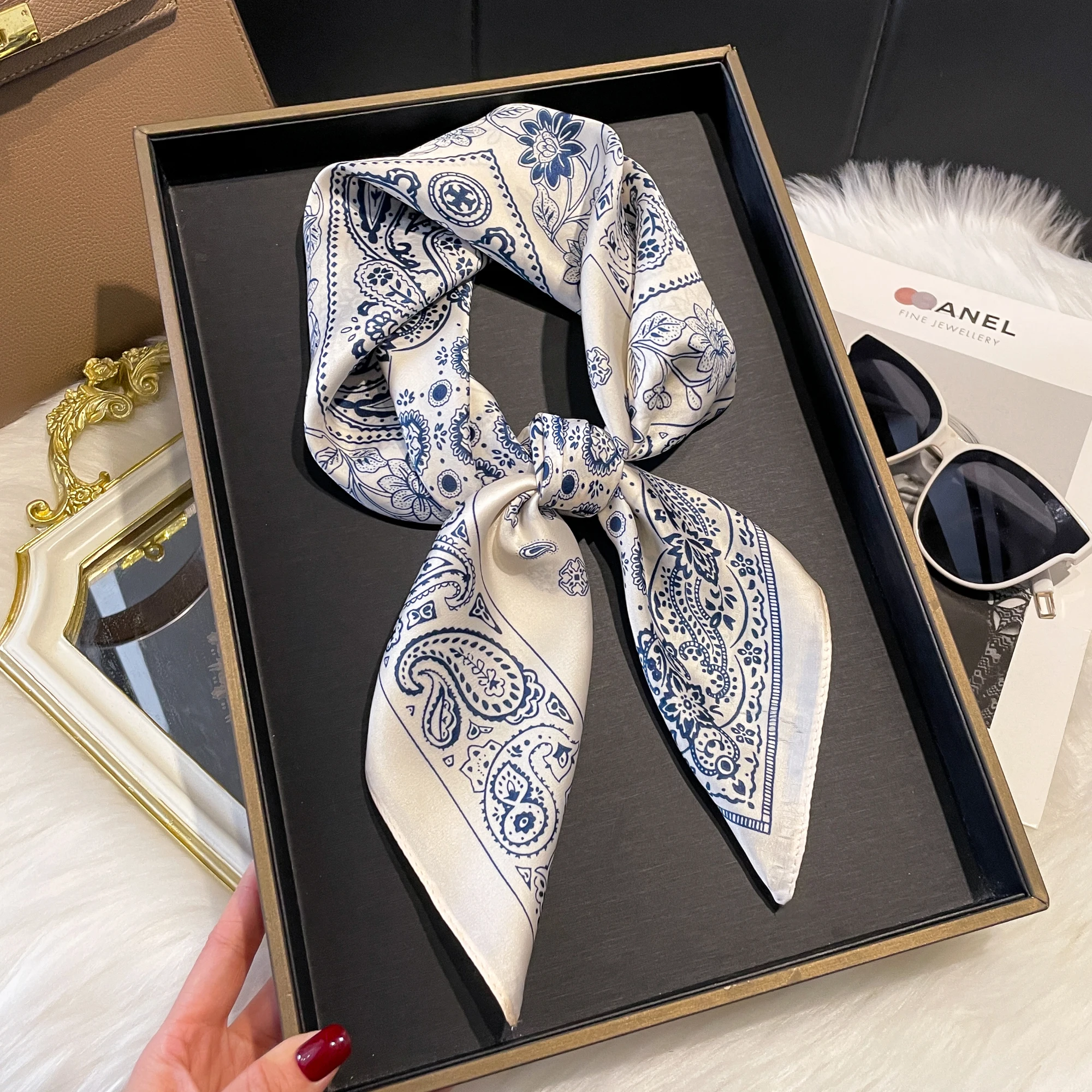 New Luxury Print 70*70cm Silk Square Scarf Women Soft Satin Hairband Neckerchief Tie Female Headband Foulard Bag Ribbon Gift