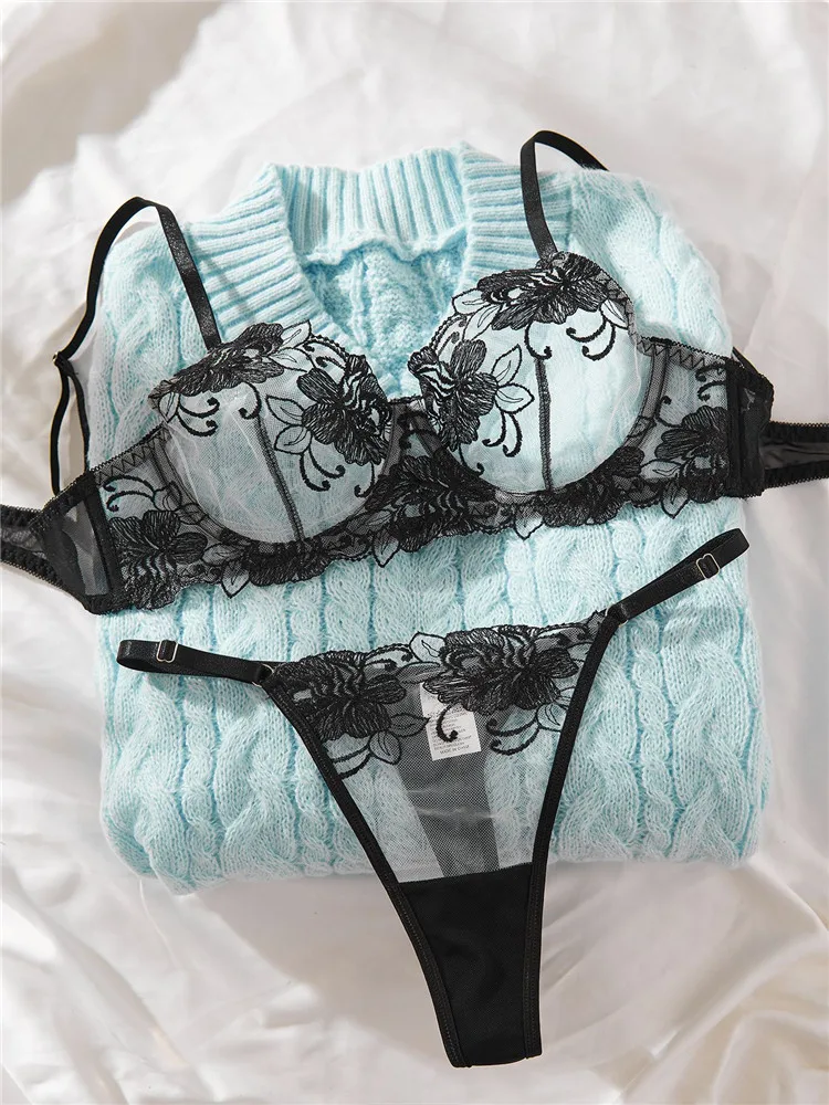 Lingerie Sexy In Pizzo 2 Pezzi - Reggiseno Push Up E Perizoma Floreale, Per San Valentino E Luna Di Miele - Foto 6