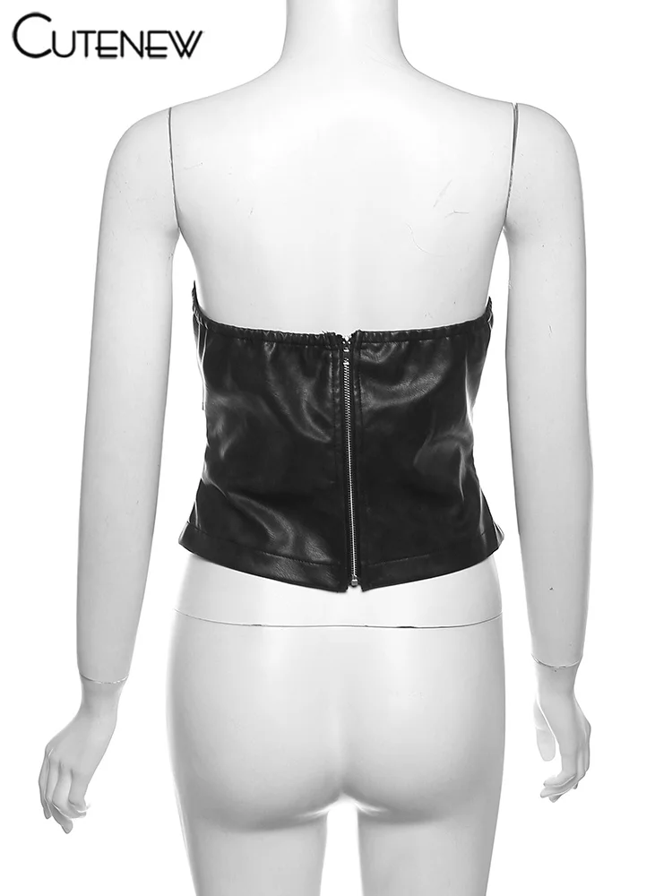 Solid Sexy Off-Shoulder Women Crop Top Vest Casual Strapless Black PU Leather Streetwear Club Party Lady Tank Top Autumn