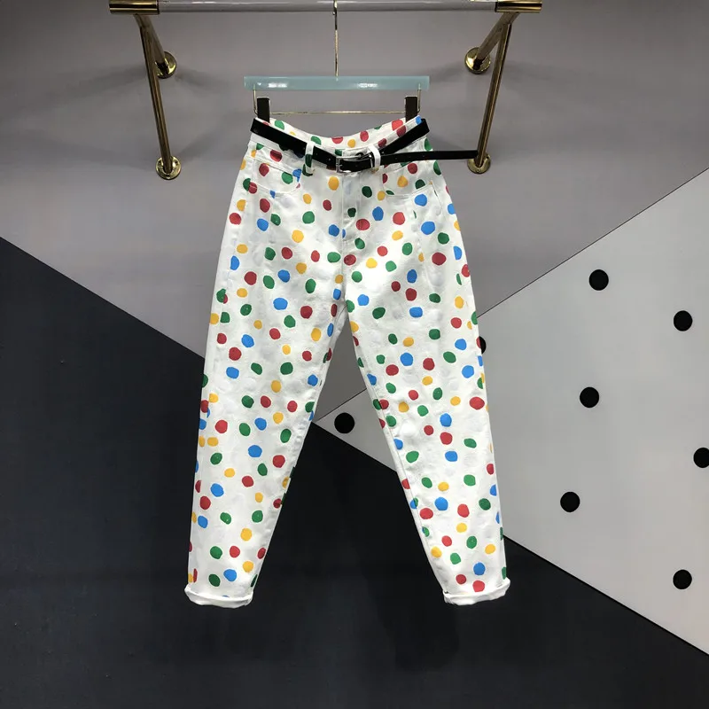 

European New Fashion Colorful Dotted Printed Jeans for Women 2023 Autumn High Waist Slimming Curling Tappered Harem Denim Pants