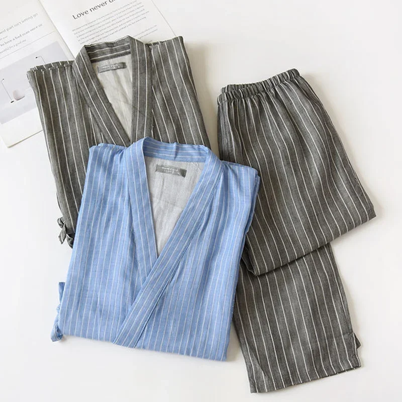 Pure Cotton Japanese Kimono Traditional Summer Autumn Pajamas Set Yukata Women Men Causal Long Sleeve Home Clothes Kimono Suit japanese kimono
