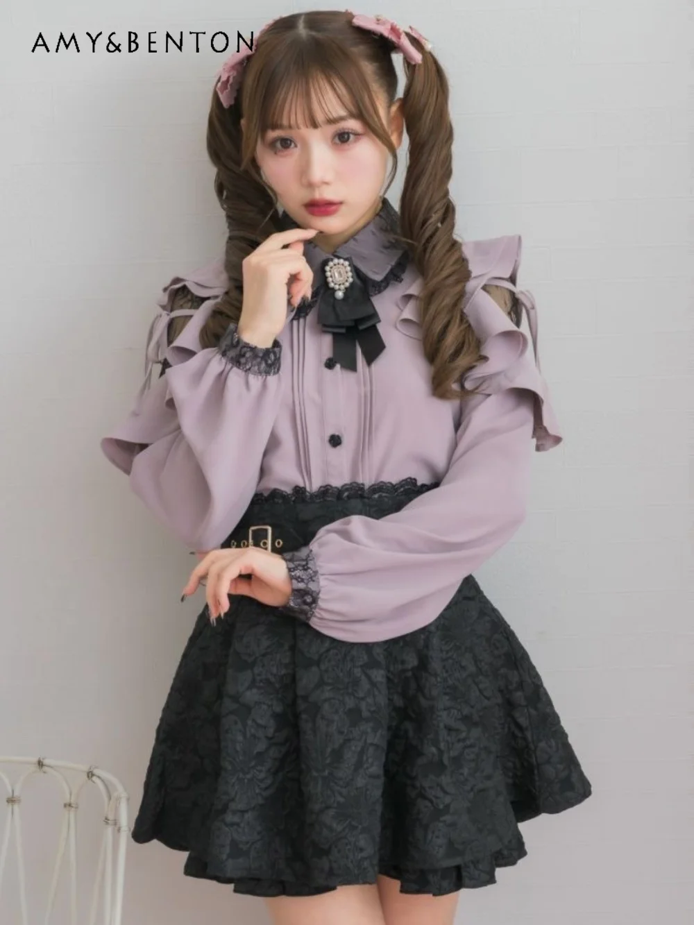 

Japanese Rojita Lolita Mine Off-Shoulder Lace Stitching Blouse Women 2024 Spring Autumn New Sweet Cute Bow Loose Slim Camisas