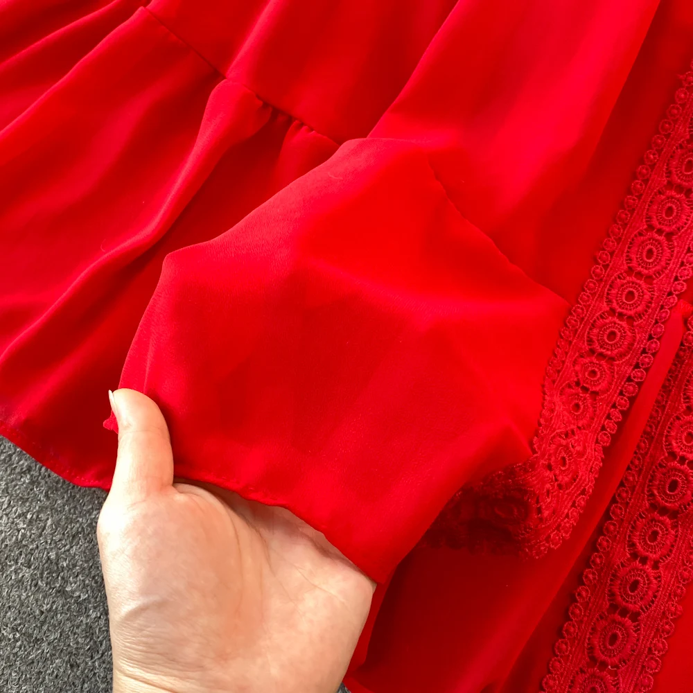 New Women Vintage Party Dress Summer Puff Sleeve Sexy V Neck Lace Single-breasted Long Dresses Ladies A Line Elegant Long Robe