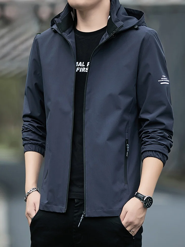 남성 캐주얼 아웃도어 재킷 봄 가을 후드 오픈 가디건 통기성 방풍 지퍼 클로저 솔리드 컬러 스포츠웨어