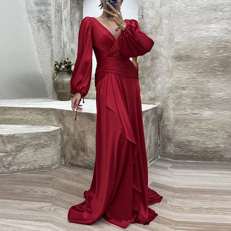 

Autumn Fashion V-neck Ruffled Lantern Sleeve Dress 2023 New Party Long Dress Elegant Satin Pleated Women's Evening Dress Vestido