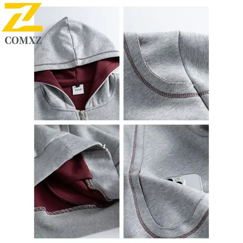 COMXZ 2025 New Men's American jacket Spring Autumn Streetwear Stitch Detail 3D Cut Hoodie Trendy Loose Versatile Casual Top 2025