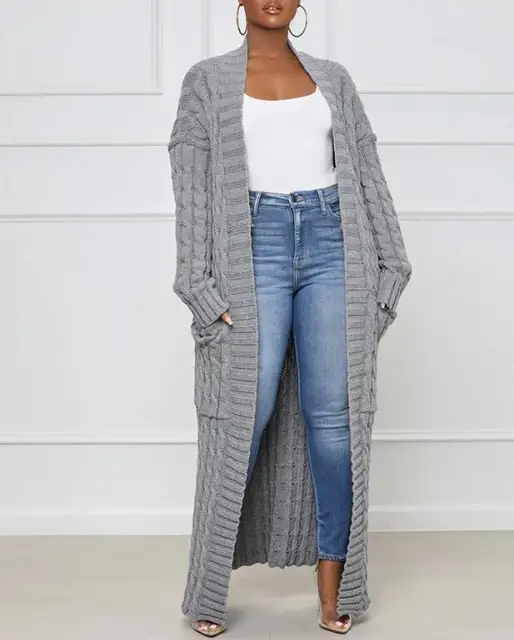 Sweater Women 2022 Autumn Winter Fashion Open Front Cable Knit Casual Plain  Long Sleeve Daily Pocket Longline Cardigan - Cardigan - AliExpress