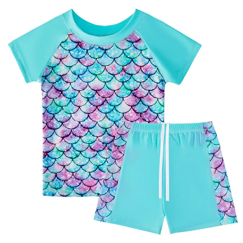 Girls Swimsuit 2PCS Fashion Swimming T-shirts Shorts Sets for Kids Girls Summer Cooling UV Protection Short Sleeves Top Shorts Set for Children