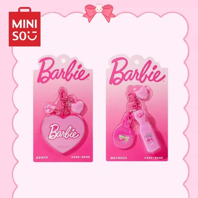 MINISO Barbie Keychain Anime Cute Cartoon Backpack Key Pendant Sweet Girly Heart Pink Love Kawaii Portable Makeup Mirror Comb