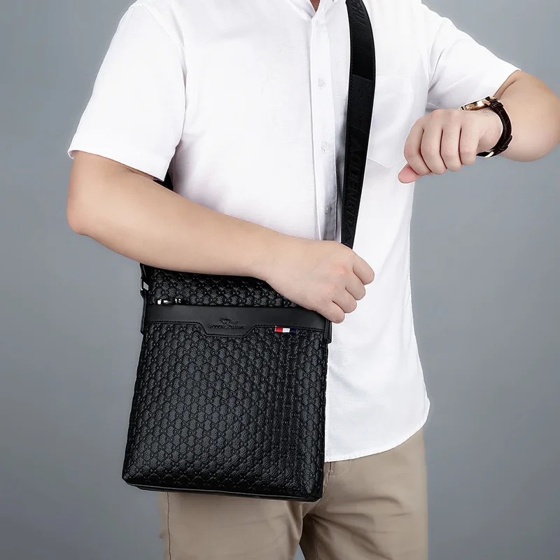 Men's Single Shoulder Crossbody Embossed Small Square Bag for Business Travel Large Capacity Backpack