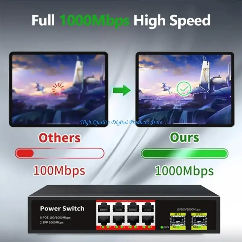 U2JE 산업용 금속 하우징 8 포트 1000Mbps 기가비트 POE 스위치 48V 카메라 시스템용 고전력 출력