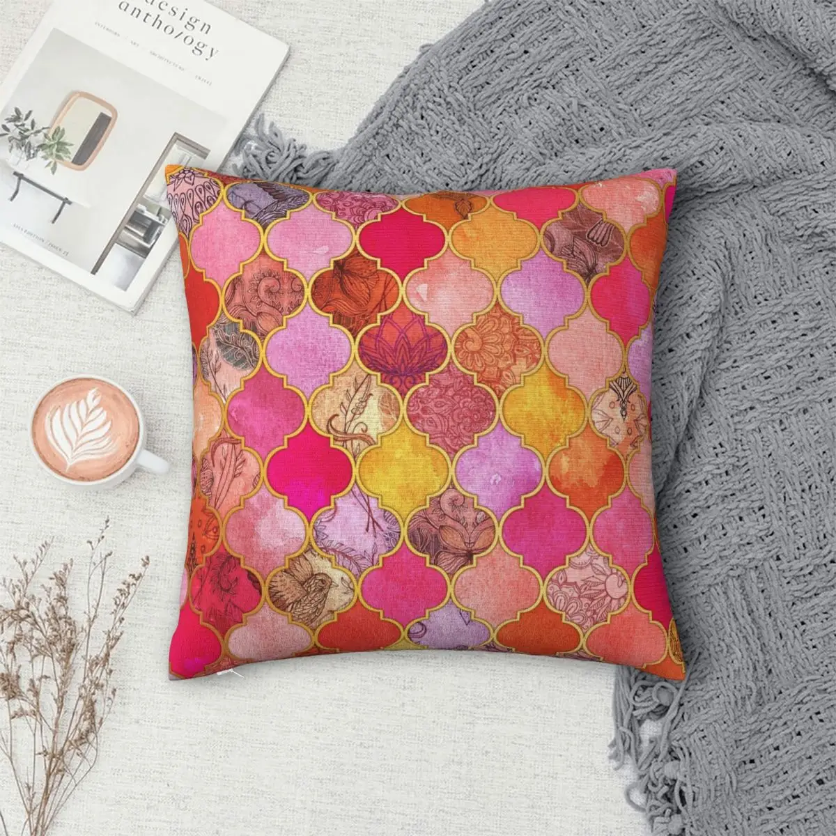 

Hot Pink, Gold, Tangerine & Taupe Decorative Moroccan Tile Cover Cushion Comfort Throw Pillow Sofa Decorative Cushions Used