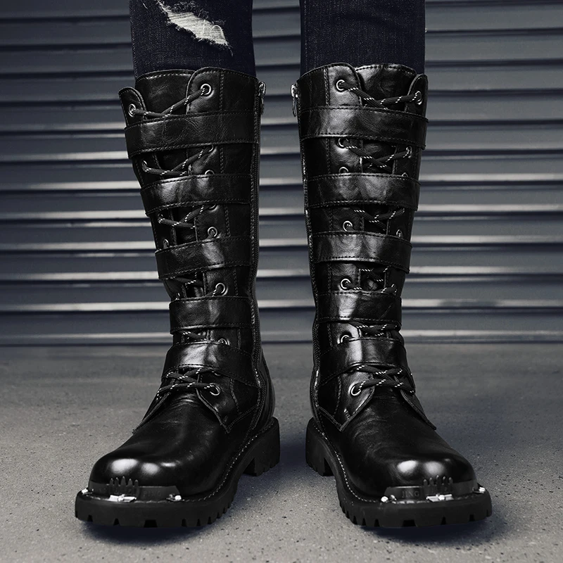 2025 High Leather Boots Men Black Boots Gothic Punk
