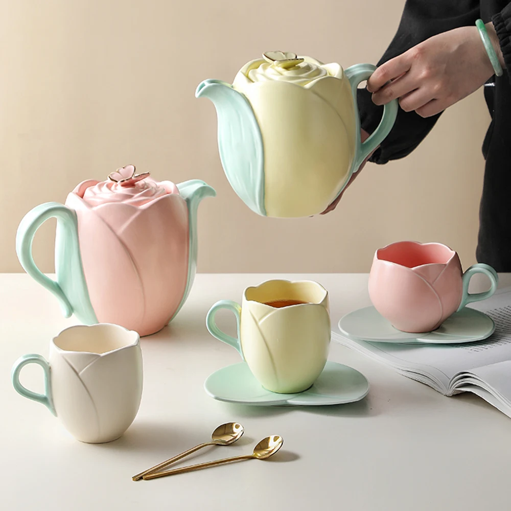 Tulip Luxury Ceramic Coffee Cup Saucer Set with Hand and Dish Milk Tea Cappuccino Tableware 280ml/320ml Birthday Couples Gifts ceramic coffee cup set