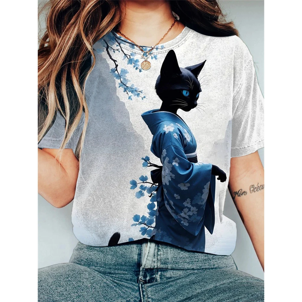 

Women's T-shirt Black Cat Wearing Cloth Print T-shirt Niche Design Harajuku Casual Short Sleeved Top Plus Size Women's Clothing