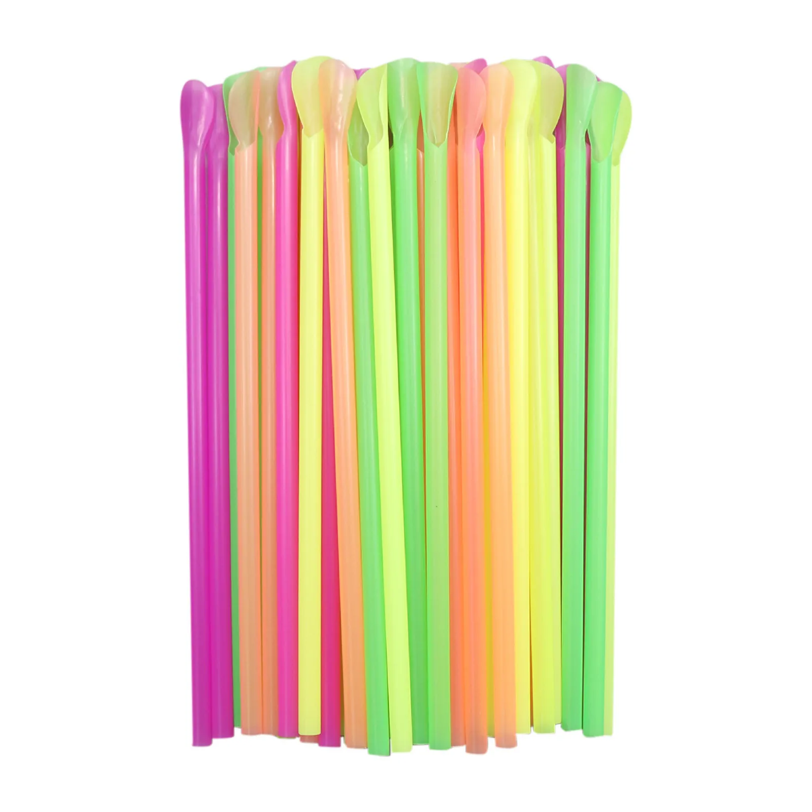 100pcs Plastic Drinking Straws Spoon Colorful Disposable Tea Tools