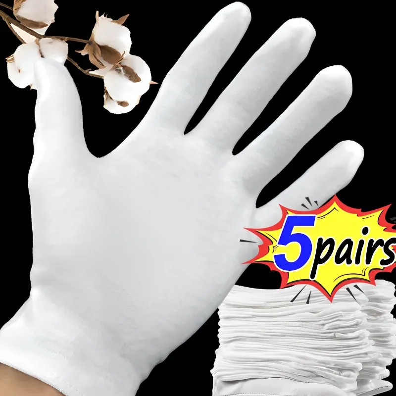 

1/5Pairs Etiquette White Cotton Gloves High Stretch Work Gloves Film SPA Jewelry Mitten Sweat Absorption Household Cleaning Tool