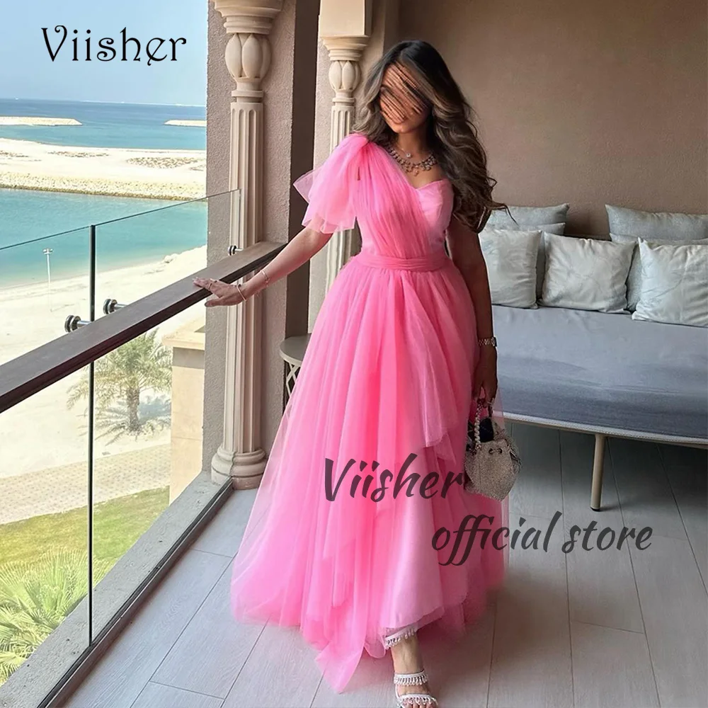 

Viisher Pink One Shoulder Evening Dresses Pleats Tulle A Line Prom Party Dress Floor Length Dubai Arabic Celebrate Event Gowns