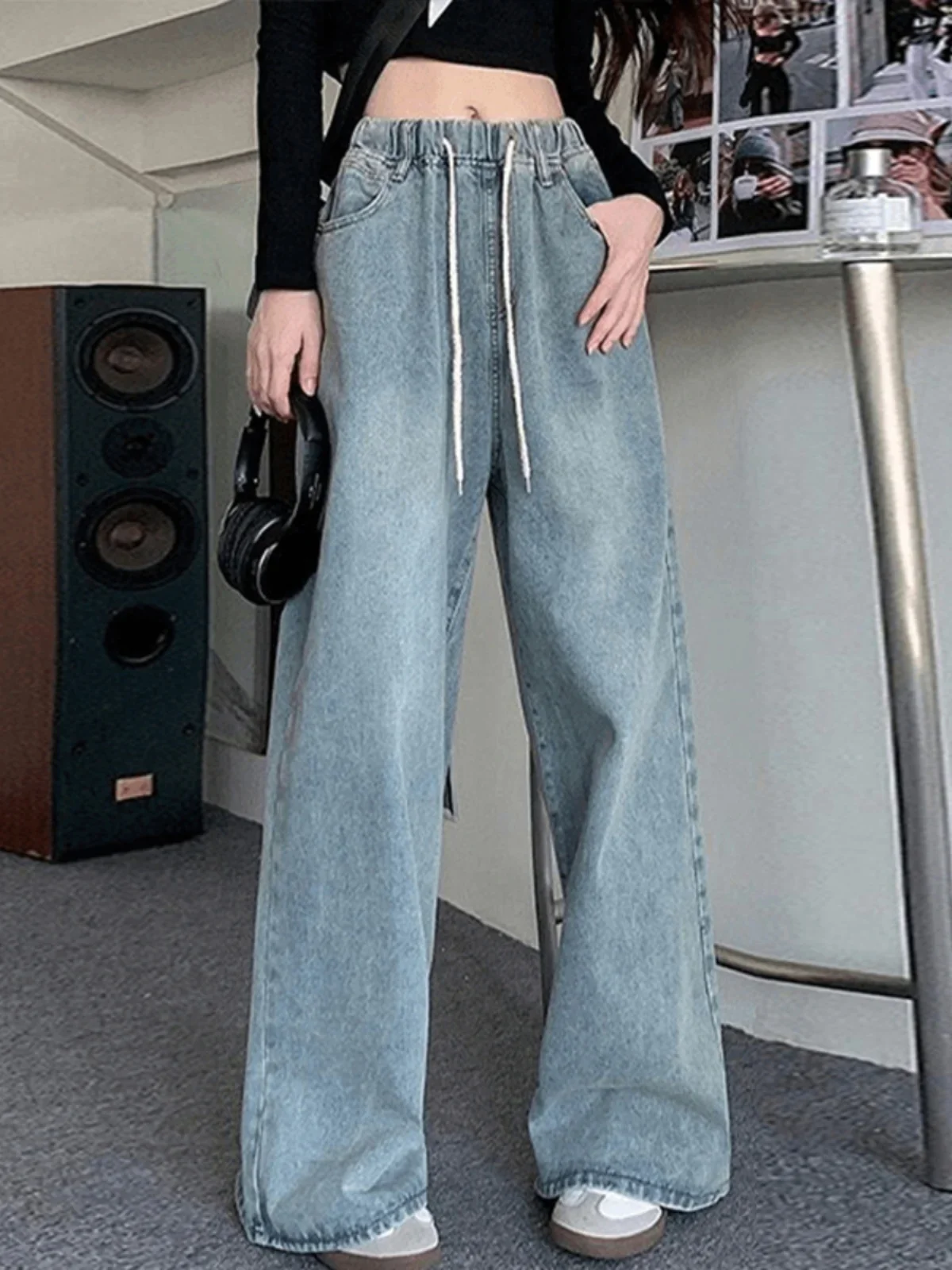 Botvotee Elastic Waist High Waist Wide Leg Jeans for Women Loose Straight Blue Long Denim Pants Female Fashion Streetwear Jeans 2 Botvotee Elastic Waist High Waist Wide Leg Jeans for Women Loose Straight Blue Long Denim Pants Female Fashion Streetwear Jeans - Image 2