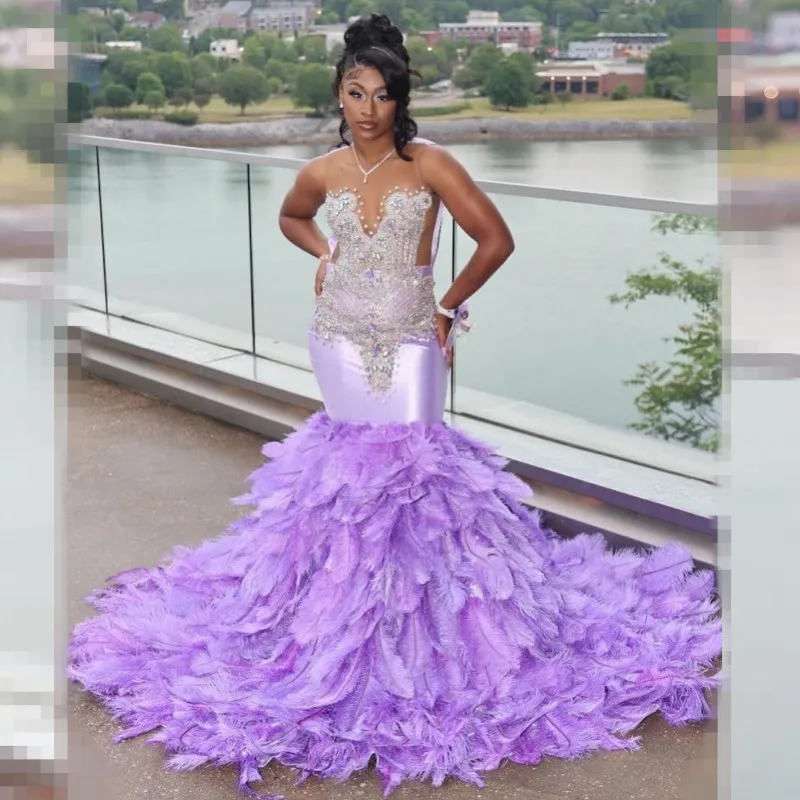 

Luxury Lilac Prom Dresses For Black Girls 2024 Rhinestone Feathers Mermaid Party Gowns Evening Dress Vestidos De Festa