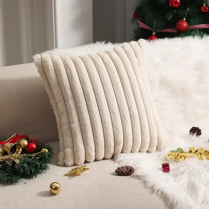 Luxurious Faux Rabbit Fur Plush Cushion Cover - Soft and Fluffy Striped Decorative Pillow