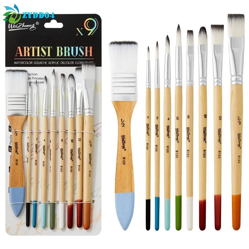 ● 9PCS 초보자 브러쉬 세트 캔버스 수채화 아크릴 오일 페인팅을위한 나일론 헤어 아티스트 페인팅 도구 미술 용품
