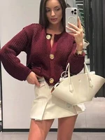 HH Women Hollow Out Chunky Knitted Cardigans 2024 Female Long Sleeve Metal Buttons Short Sweater Crop Top Knitwear Outerwear