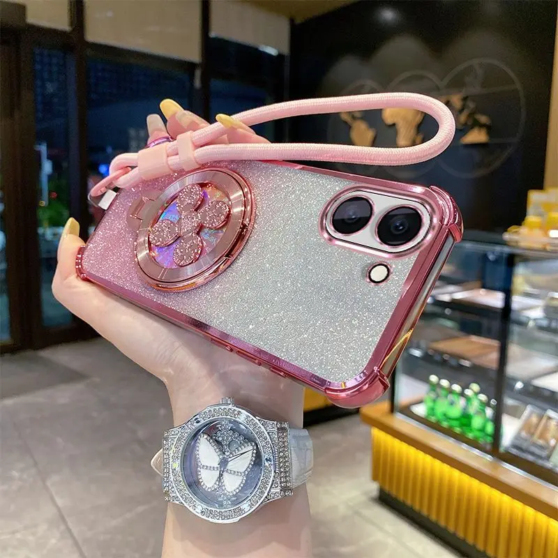 Gradient Glitter Holder Case with Hand Strap and Electroplated Finish