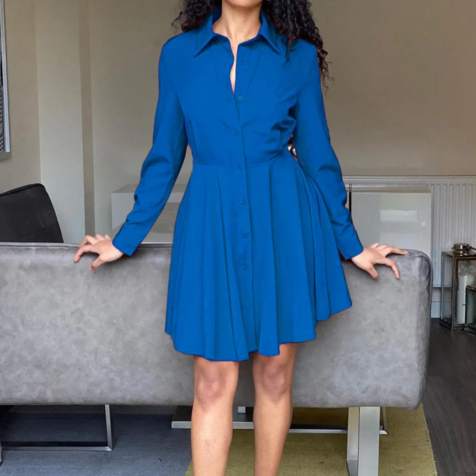 

Women's Button Up Long Sleeve Solid Color Slim Fit Shirt Dress Skinny Vestidos Daily