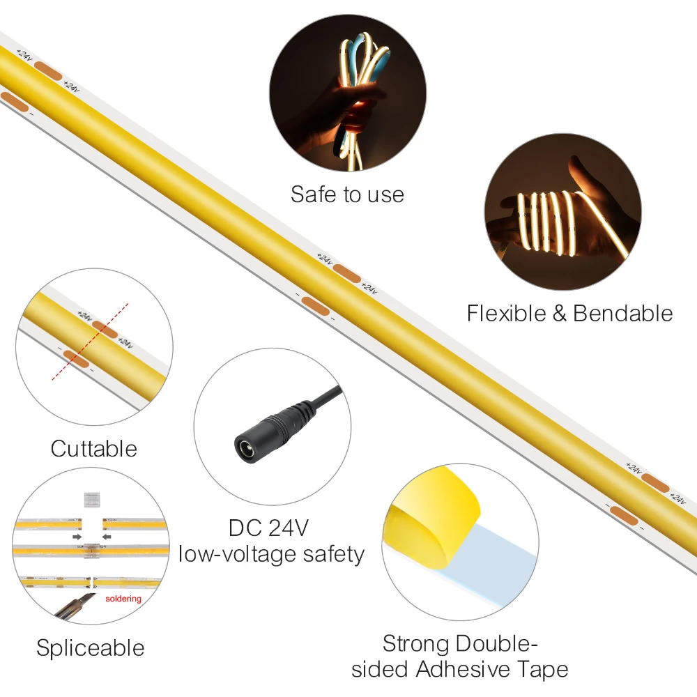 LED 리본 접착제 고휘도 COB LED 스트립, 실내 LED 스트립, 야외 정원 조명 및 어댑터용 유연한 리본, 24V