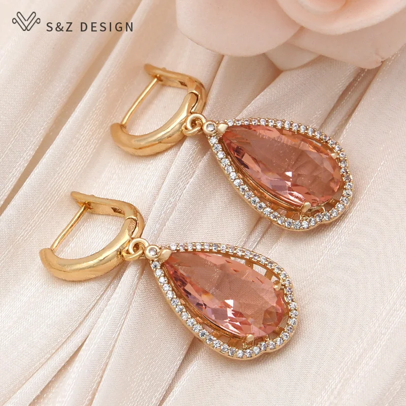 S&Z DESIGN New Fashion Water Drop Champagne Cubic Zirconia Dangle Earrings For Women Girls Wedding Party Jewelry Elegant Gift