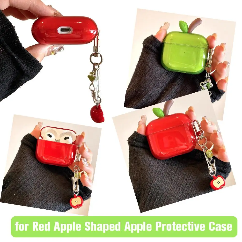 Transparent Shockproof TPU Earphone Case with Strap - Stylish Red/Green Apple Shaper Cover