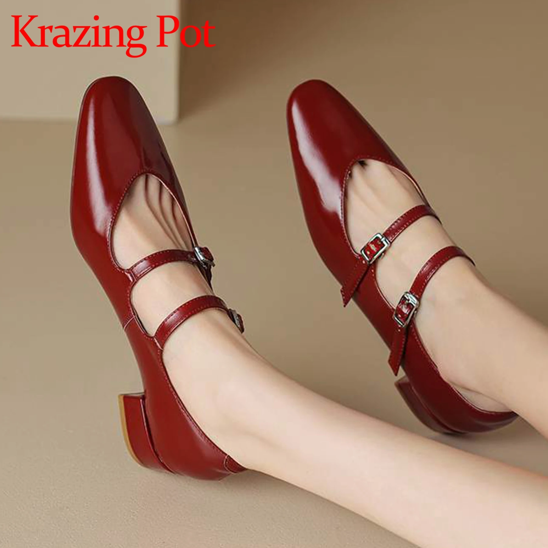 

Krazing Pot Cow Leather Metal Buckle Thick Med Heels Spring Summer Round Toe Candy Lovely Girls Mary Janes Women Shallow Pumps