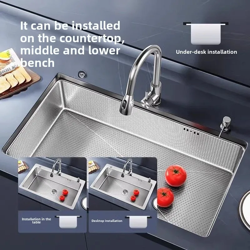 304 Honeycomb Textured Kitchen Sink Large Single Bowl Thickened Countertop Household Washing Basin Undermount Dishwashing Sink