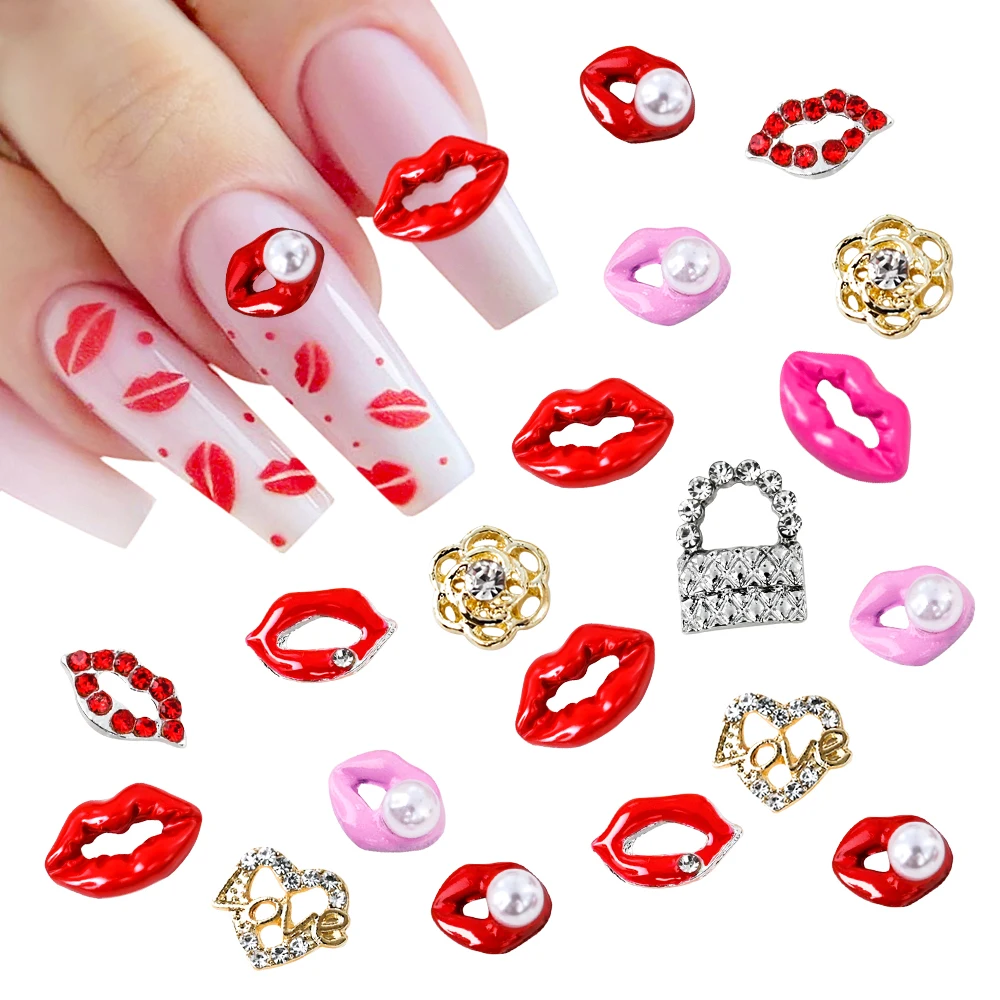 

10pcs Cute Sexy Red Kiss Lips Design Nail Charm Shining Crystal Pearl Alloy Rhinestones Nail Decoration Manicure Valentine's Day