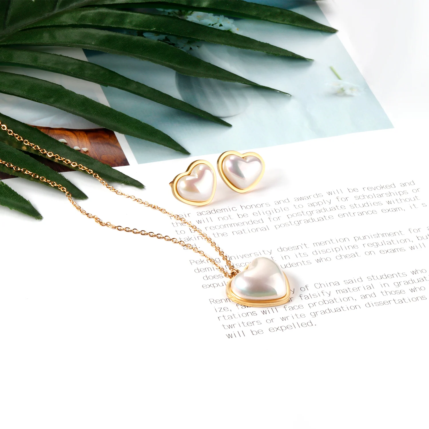 Korean Fashion Jewelry Sets Stainless Steel Earring Pendant Necklace Set Pearl Set Cubic Zirconia for Women Wedding