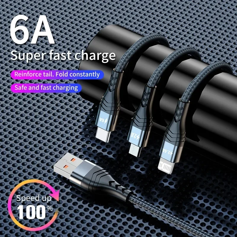 

3 In 1 Fast Charging Cord 6A 66WFor iPhone Huawei Micro USB Type C Charger Cable Multi Usb Port Multiple Usb Charging Cord 2M