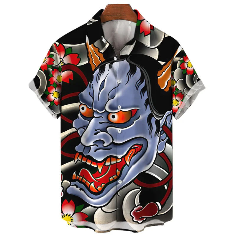 thumbnail image 1 of Camisa vintage japonesa con estampado 3D de samurái para hombre, camisa de manga corta de gran tamaño con solapa y botones, estilo callejero, 1 of 5